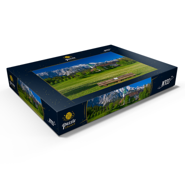 Darstellung des Puzzle Motivs Hotel Schloss Elmau mit der G7-Gipfel Bank gegen Wettersteinwand bei Klais 1000 Puzzle Schachtel Ansicht1