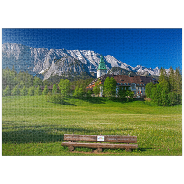 Darstellung des Puzzle Motivs puzzleplate Hotel Schloss Elmau mit der G7-Gipfel Bank gegen Wettersteinwand bei Klais 1000 Puzzle
