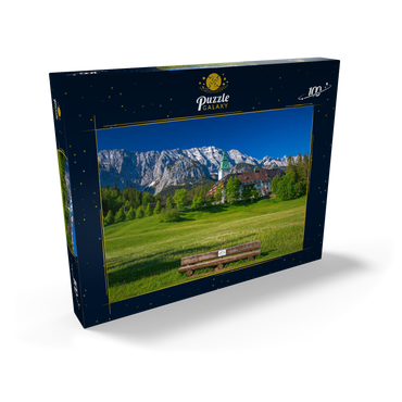 Darstellung des Puzzle Motivs Hotel Schloss Elmau mit der G7-Gipfel Bank gegen Wettersteinwand bei Klais 100 Puzzle Schachtel Ansicht2