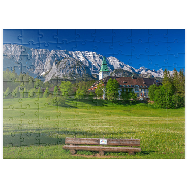 Darstellung des Puzzle Motivs puzzleplate Hotel Schloss Elmau mit der G7-Gipfel Bank gegen Wettersteinwand bei Klais 100 Puzzle