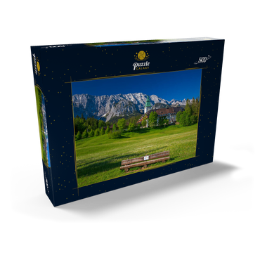 Darstellung des Puzzle Motivs Hotel Schloss Elmau mit der G7-Gipfel Bank gegen Wettersteinwand bei Klais 500 Puzzle Schachtel Ansicht2