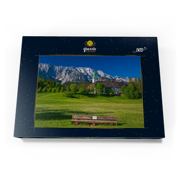 Darstellung des Puzzle Motivs Hotel Schloss Elmau mit der G7-Gipfel Bank gegen Wettersteinwand bei Klais 500 Puzzle Schachtel Ansicht3