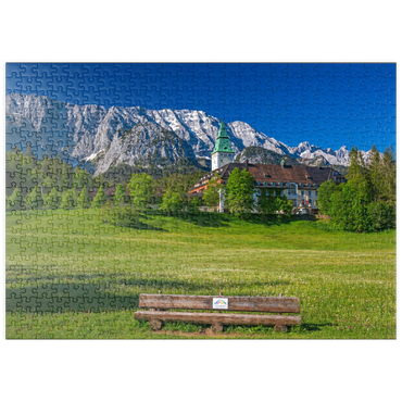 Darstellung des Puzzle Motivs puzzleplate Hotel Schloss Elmau mit der G7-Gipfel Bank gegen Wettersteinwand bei Klais 500 Puzzle
