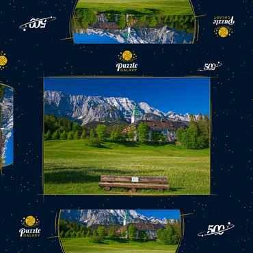 Darstellung des Puzzle Motivs Hotel Schloss Elmau mit der G7-Gipfel Bank gegen Wettersteinwand bei Klais 500 Puzzle Schachtel 3D Modell