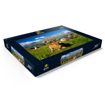 Darstellung des Puzzle Motivs Kühe am Weg vom Corvatsch-Murtel mit Piz Polaschin (3013 m) und Oberengadiner Seen, St. Moritz 200 Puzzle Schachtel Ansicht1