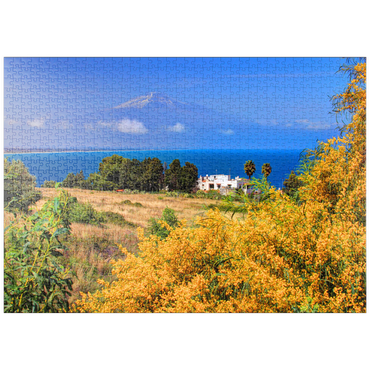 Darstellung des Puzzle Motivs puzzleplate Blühende Mimosen und Ferienhaus mit Blick zum Ätna (3323m) 1000 Puzzle