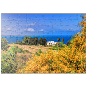 Darstellung des Puzzle Motivs puzzleplate Blühende Mimosen und Ferienhaus mit Blick zum Ätna (3323m) 100 Puzzle