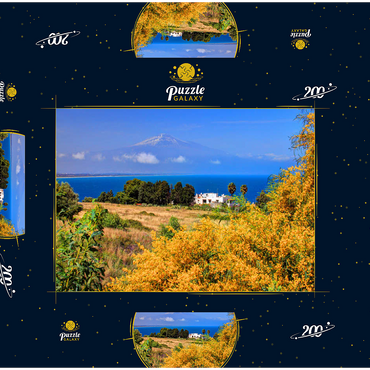 Darstellung des Puzzle Motivs Blühende Mimosen und Ferienhaus mit Blick zum Ätna (3323m) 200 Puzzle Schachtel 3D Modell