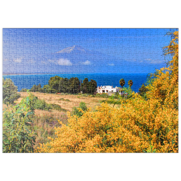 Darstellung des Puzzle Motivs puzzleplate Blühende Mimosen und Ferienhaus mit Blick zum Ätna (3323m) 500 Puzzle