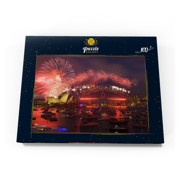 Darstellung des Puzzle Motivs Neujahrs-Feuerwerk mit Opera House und Harbour Bridge, Sydney, New South Wales, Australien 100 Puzzle Schachtel Ansicht3