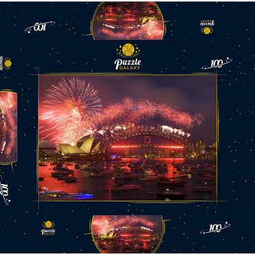 Darstellung des Puzzle Motivs Neujahrs-Feuerwerk mit Opera House und Harbour Bridge, Sydney, New South Wales, Australien 100 Puzzle Schachtel 3D Modell