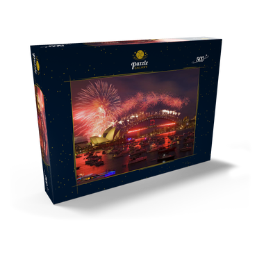 Darstellung des Puzzle Motivs Neujahrs-Feuerwerk mit Opera House und Harbour Bridge, Sydney, New South Wales, Australien 500 Puzzle Schachtel Ansicht2