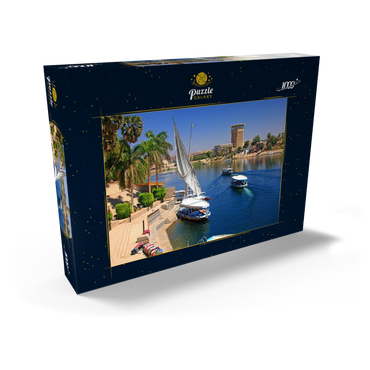 Darstellung des Puzzle Motivs Feluken am Ufer der Kitchener Insel mit Blick über den Nil, Assuan, Ägypten 1000 Puzzle Schachtel Ansicht2
