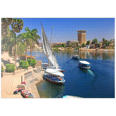 Darstellung des Puzzle Motivs puzzleplate Feluken am Ufer der Kitchener Insel mit Blick über den Nil, Assuan, Ägypten 1000 Puzzle
