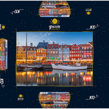 Darstellung des Puzzle Motivs Abend am Stichkanal Nyhavn im Stadtteil Frederiksstaden 100 Puzzle Schachtel 3D Modell