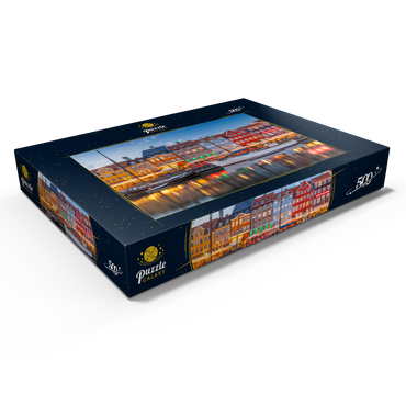 Darstellung des Puzzle Motivs Abend am Stichkanal Nyhavn im Stadtteil Frederiksstaden 500 Puzzle Schachtel Ansicht1