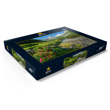 Darstellung des Puzzle Motivs Gaisbach unterhalb des Seebensee mit dem vorderen Drachenkopf (2302m) 100 Puzzle Schachtel Ansicht1