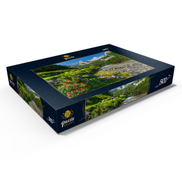 Darstellung des Puzzle Motivs Gaisbach unterhalb des Seebensee mit dem vorderen Drachenkopf (2302m) 500 Puzzle Schachtel Ansicht1