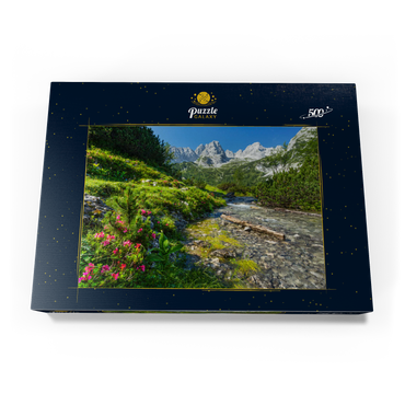 Darstellung des Puzzle Motivs Gaisbach unterhalb des Seebensee mit dem vorderen Drachenkopf (2302m) 500 Puzzle Schachtel Ansicht3