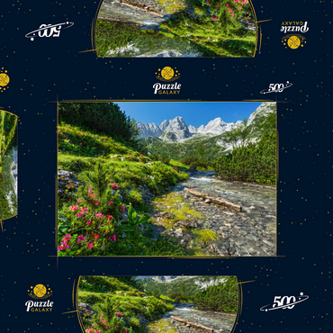Darstellung des Puzzle Motivs Gaisbach unterhalb des Seebensee mit dem vorderen Drachenkopf (2302m) 500 Puzzle Schachtel 3D Modell