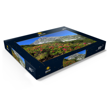 Darstellung des Puzzle Motivs Blühende Alpenrosen bei der Coburger Hütte, Tirol, Österreich 100 Puzzle Schachtel Ansicht1