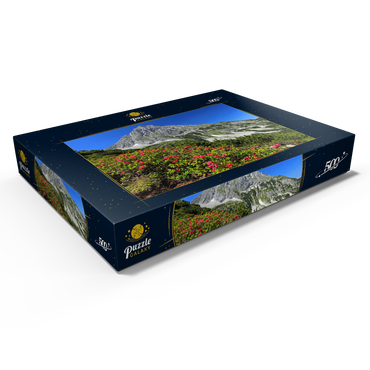 Darstellung des Puzzle Motivs Blühende Alpenrosen bei der Coburger Hütte, Tirol, Österreich 500 Puzzle Schachtel Ansicht1