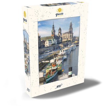 Darstellung des Puzzle Motivs Terrassenufer mit den Schiffen der weißen Flotte, Brühlsche Terrasse an der Elbe mit dem Schloss und der Hofkirche 1000 Puzzle Schachtel Ansicht2