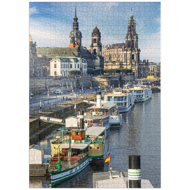 Darstellung des Puzzle Motivs puzzleplate Terrassenufer mit den Schiffen der weißen Flotte, Brühlsche Terrasse an der Elbe mit dem Schloss und der Hofkirche 1000 Puzzle
