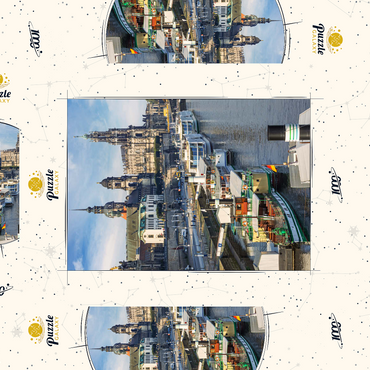 Darstellung des Puzzle Motivs Terrassenufer mit den Schiffen der weißen Flotte, Brühlsche Terrasse an der Elbe mit dem Schloss und der Hofkirche 1000 Puzzle Schachtel 3D Modell