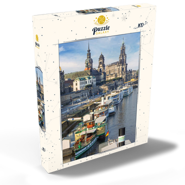 Darstellung des Puzzle Motivs Terrassenufer mit den Schiffen der weißen Flotte, Brühlsche Terrasse an der Elbe mit dem Schloss und der Hofkirche 100 Puzzle Schachtel Ansicht2