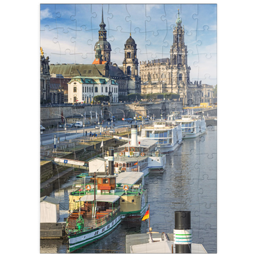Darstellung des Puzzle Motivs puzzleplate Terrassenufer mit den Schiffen der weißen Flotte, Brühlsche Terrasse an der Elbe mit dem Schloss und der Hofkirche 100 Puzzle