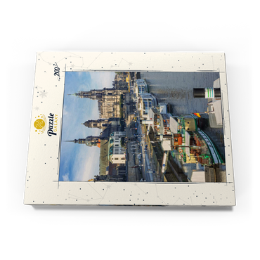 Darstellung des Puzzle Motivs Terrassenufer mit den Schiffen der weißen Flotte, Brühlsche Terrasse an der Elbe mit dem Schloss und der Hofkirche 200 Puzzle Schachtel Ansicht3