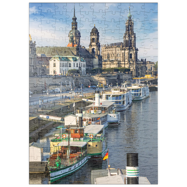 Darstellung des Puzzle Motivs puzzleplate Terrassenufer mit den Schiffen der weißen Flotte, Brühlsche Terrasse an der Elbe mit dem Schloss und der Hofkirche 200 Puzzle