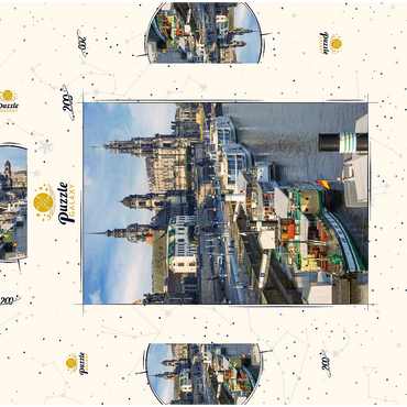 Darstellung des Puzzle Motivs Terrassenufer mit den Schiffen der weißen Flotte, Brühlsche Terrasse an der Elbe mit dem Schloss und der Hofkirche 200 Puzzle Schachtel 3D Modell