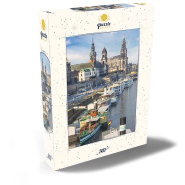 Darstellung des Puzzle Motivs Terrassenufer mit den Schiffen der weißen Flotte, Brühlsche Terrasse an der Elbe mit dem Schloss und der Hofkirche 500 Puzzle Schachtel Ansicht2