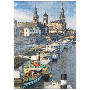 Darstellung des Puzzle Motivs puzzleplate Terrassenufer mit den Schiffen der weißen Flotte, Brühlsche Terrasse an der Elbe mit dem Schloss und der Hofkirche 500 Puzzle