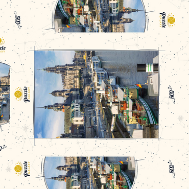 Darstellung des Puzzle Motivs Terrassenufer mit den Schiffen der weißen Flotte, Brühlsche Terrasse an der Elbe mit dem Schloss und der Hofkirche 500 Puzzle Schachtel 3D Modell