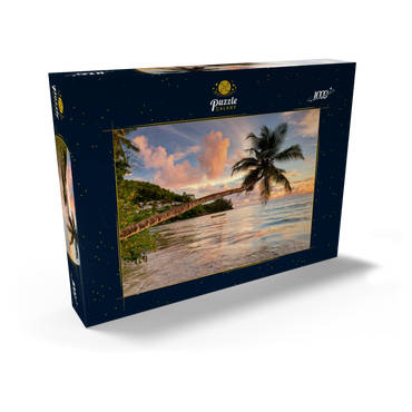 Darstellung des Puzzle Motivs Palme am Strand von Baie Lazare, Westküste, Insel Mahe, Seychellen 1000 Puzzle Schachtel Ansicht2