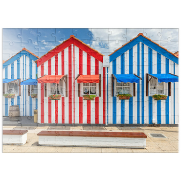 Darstellung des Puzzle Motivs puzzleplate Bunte Holzhäuser im Bade- und Fischerort Costa Nova an der Atlantikküste 100 Puzzle