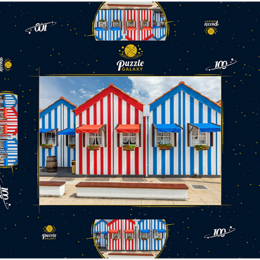 Darstellung des Puzzle Motivs Bunte Holzhäuser im Bade- und Fischerort Costa Nova an der Atlantikküste 100 Puzzle Schachtel 3D Modell