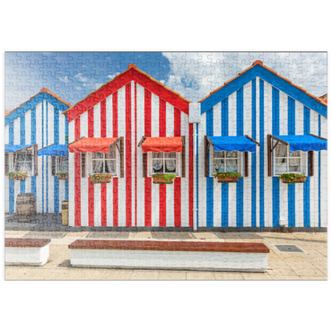 Darstellung des Puzzle Motivs puzzleplate Bunte Holzhäuser im Bade- und Fischerort Costa Nova an der Atlantikküste 500 Puzzle