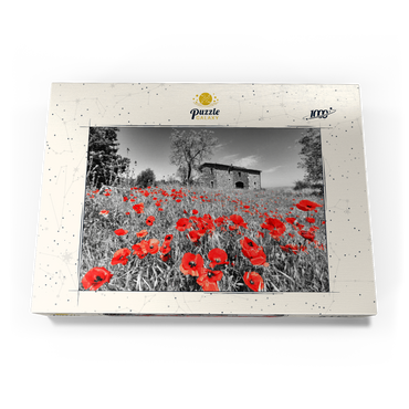Darstellung des Puzzle Motivs Mohnfeld vor einem Landhaus an den Hängen über Orvieto, Umbrien 1000 Puzzle Schachtel Ansicht3