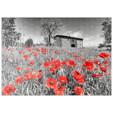 Darstellung des Puzzle Motivs puzzleplate Mohnfeld vor einem Landhaus an den Hängen über Orvieto, Umbrien 200 Puzzle