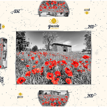 Darstellung des Puzzle Motivs Mohnfeld vor einem Landhaus an den Hängen über Orvieto, Umbrien 200 Puzzle Schachtel 3D Modell