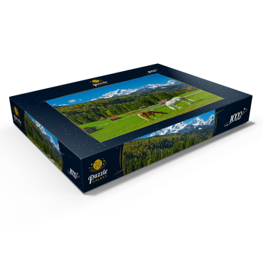 Darstellung des Puzzle Motivs Pferde bei Kaltenbrunn gegen Zugspitzgruppe (2962m), Garmisch-Partenkirchen 1000 Puzzle Schachtel Ansicht1