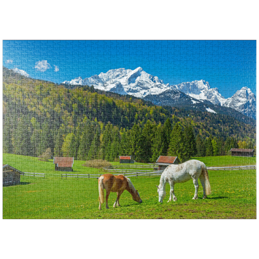 Darstellung des Puzzle Motivs puzzleplate Pferde bei Kaltenbrunn gegen Zugspitzgruppe (2962m), Garmisch-Partenkirchen 1000 Puzzle