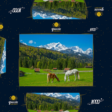 Darstellung des Puzzle Motivs Pferde bei Kaltenbrunn gegen Zugspitzgruppe (2962m), Garmisch-Partenkirchen 1000 Puzzle Schachtel 3D Modell