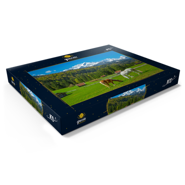 Darstellung des Puzzle Motivs Pferde bei Kaltenbrunn gegen Zugspitzgruppe (2962m), Garmisch-Partenkirchen 100 Puzzle Schachtel Ansicht1