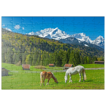 Darstellung des Puzzle Motivs puzzleplate Pferde bei Kaltenbrunn gegen Zugspitzgruppe (2962m), Garmisch-Partenkirchen 100 Puzzle