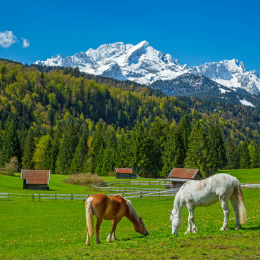 Darstellung des Puzzle Motivs Pferde bei Kaltenbrunn gegen Zugspitzgruppe (2962m), Garmisch-Partenkirchen 200 Puzzle 3D Modell